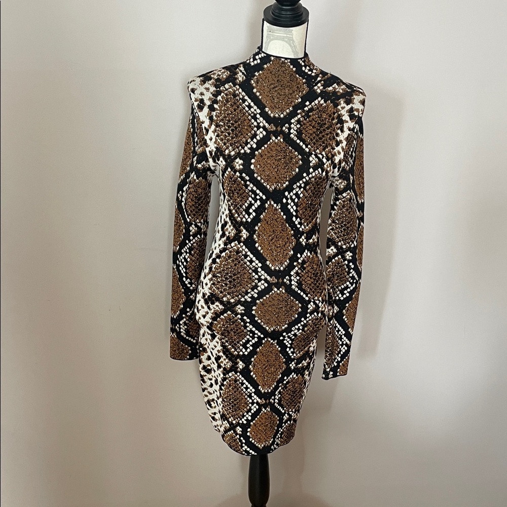 Pistola Snakeskin Bodycon Midi Dress – Size Small – High Neck, Long Sleeve